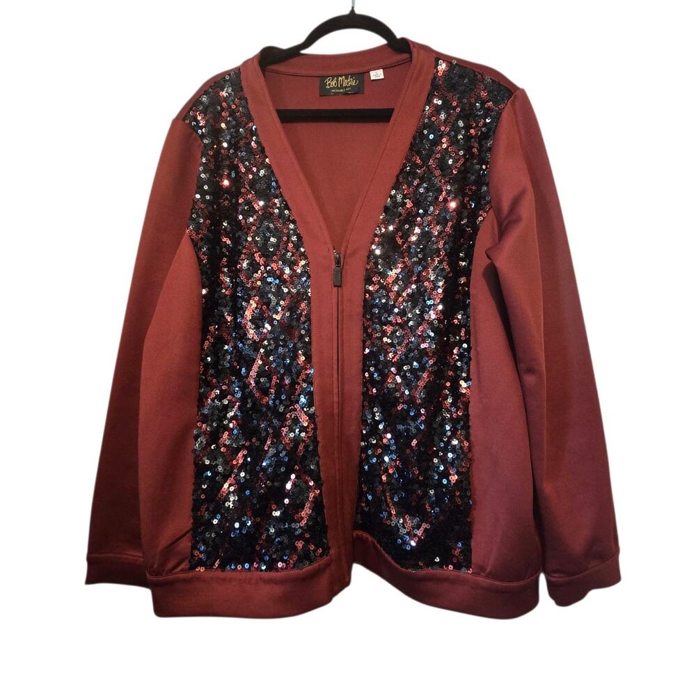 Vtg‎ Bob Mackie Wearable Art Sequin Cardigan Womens LG Rust Burgundy Holiday